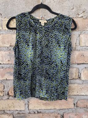 Plisse Vintage Pleated Geometric Confetti Tank Top Blouse Large Blue Lime